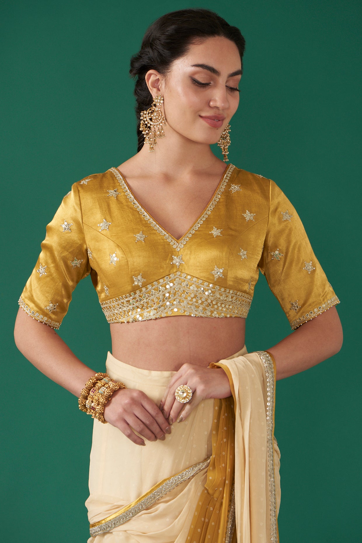 Mustard Georgette Ombré Draped Saree Set