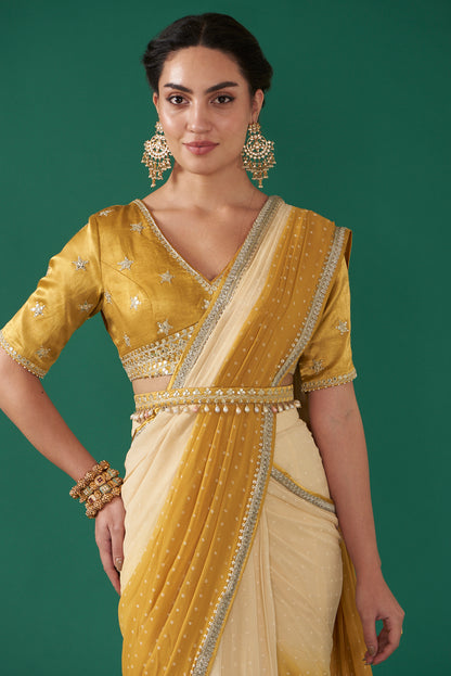 Mustard Georgette Ombré Draped Saree Set