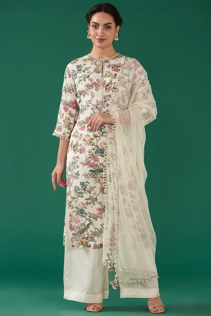 Ivory Chiffon Printed & Embroidered Straight Kurta Set