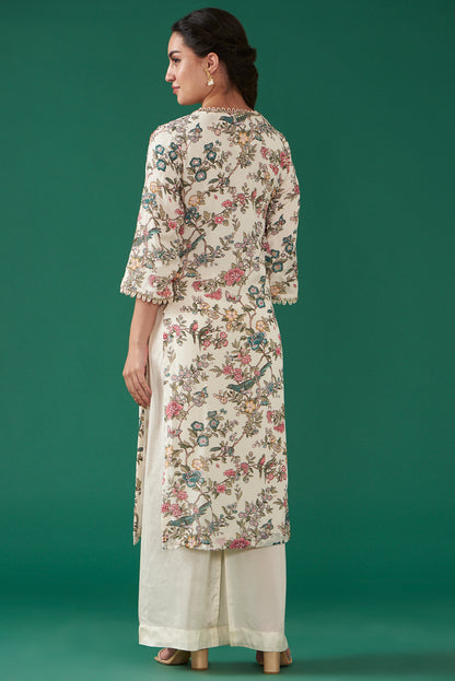 Ivory Chiffon Printed & Embroidered Straight Kurta Set