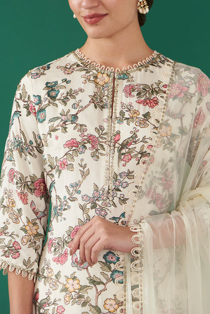 Ivory Chiffon Printed & Embroidered Straight Kurta Set