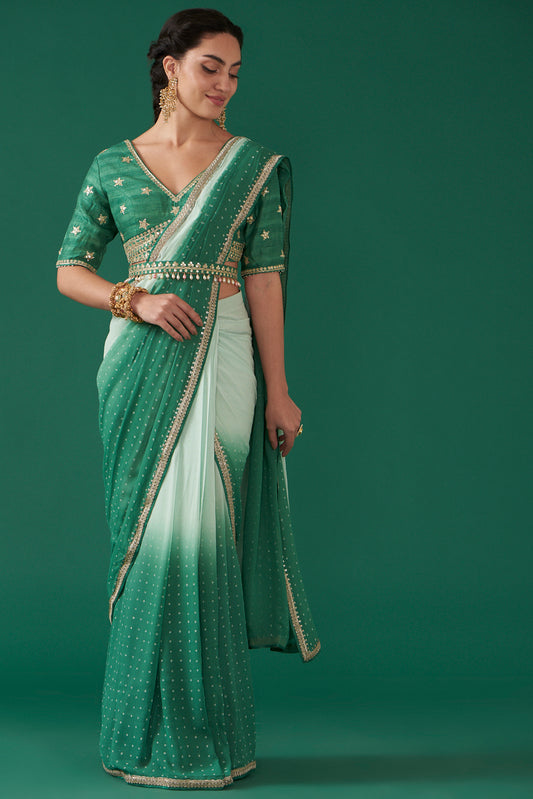 Green Georgette Ombré Draped Saree Set