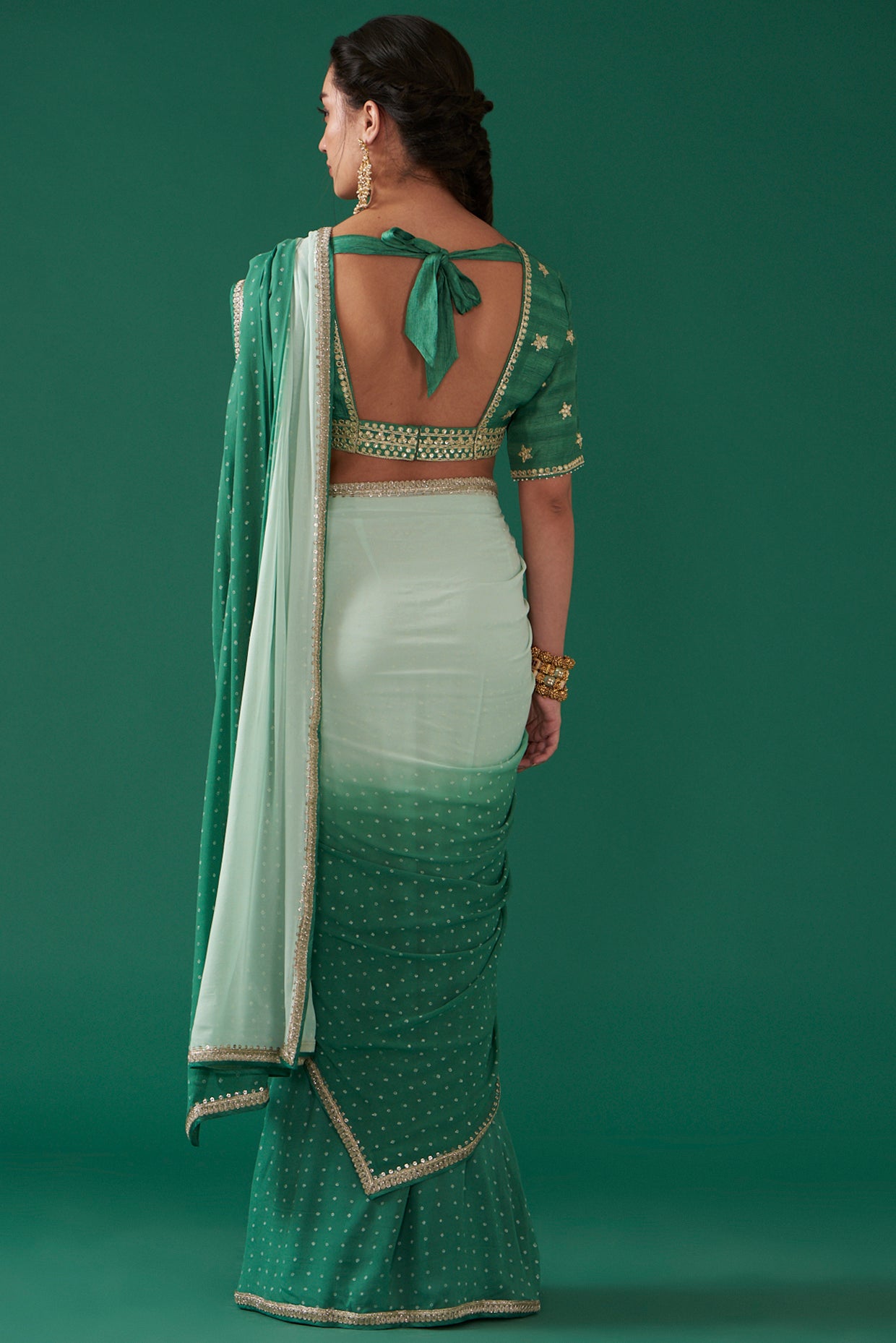 Green Georgette Ombré Draped Saree Set