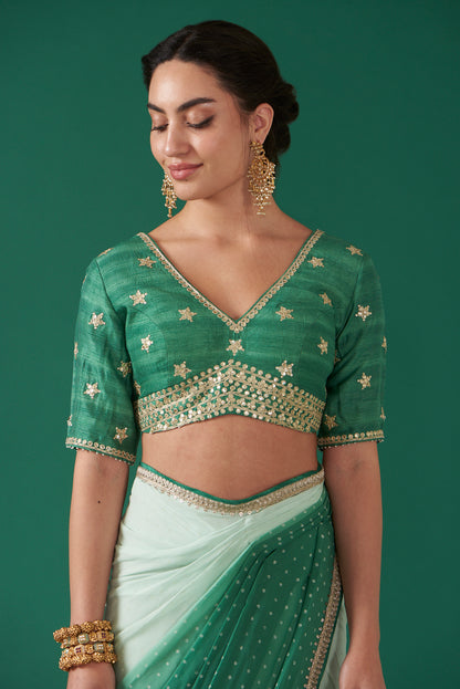 Green Georgette Ombré Draped Saree Set