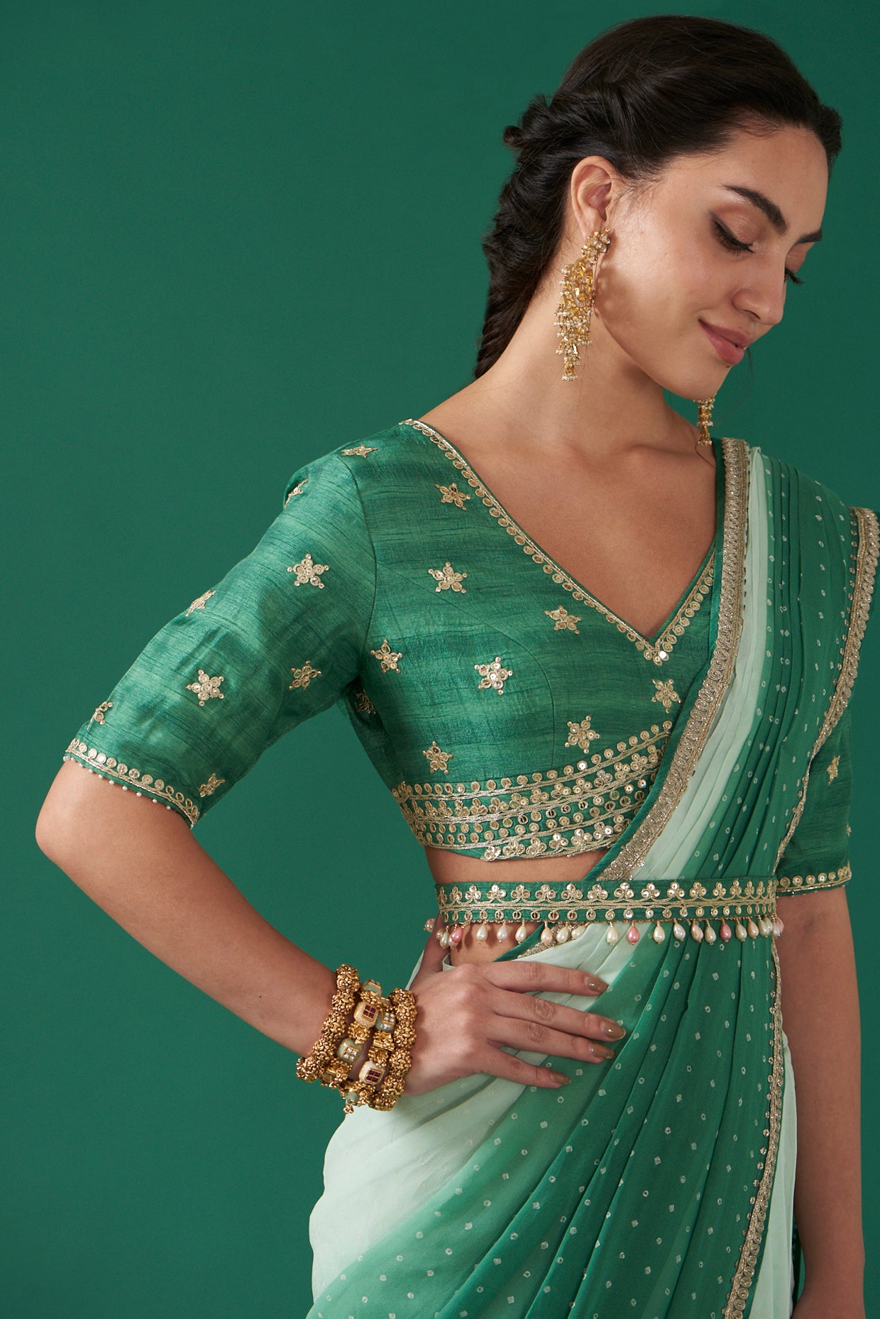 Green Georgette Ombré Draped Saree Set