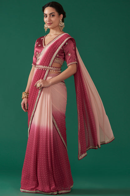 Cherry Georgette Ombré Draped Saree Set