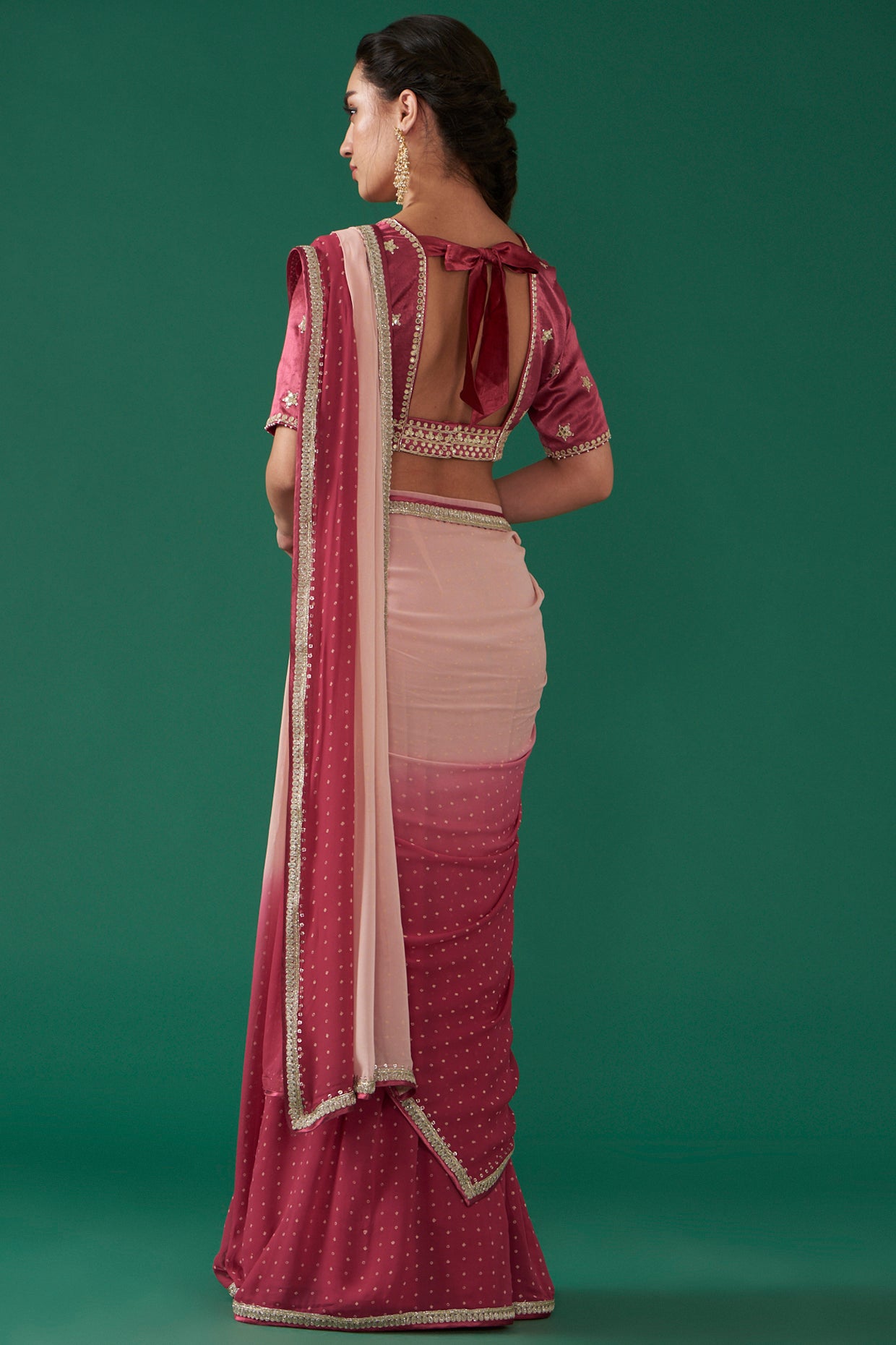 Cherry Georgette Ombré Draped Saree Set