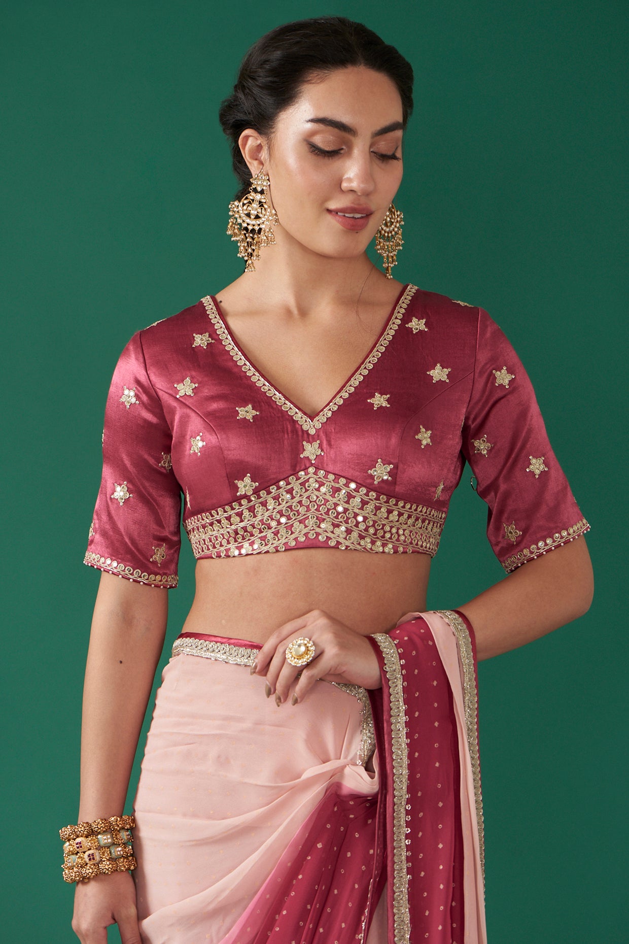 Cherry Georgette Ombré Draped Saree Set