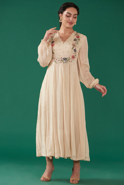 Ecru Chiffon Embroidered Flared Dress