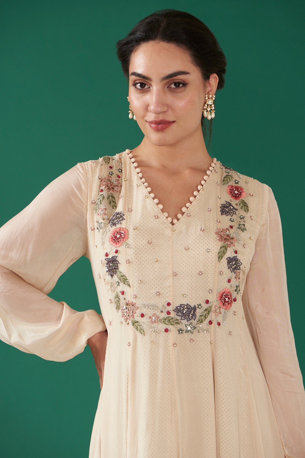 Ecru Chiffon Embroidered Flared Dress