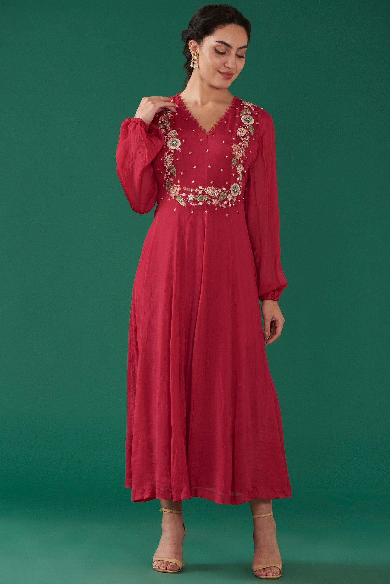 Cherry Red Chiffon Embroidered Flared Dress