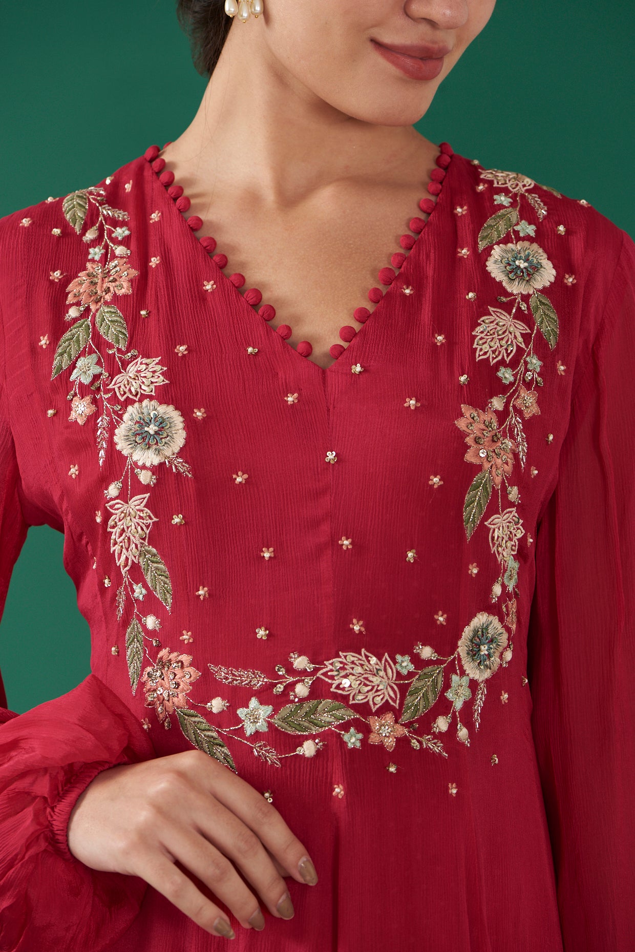 Cherry Red Chiffon Embroidered Flared Dress