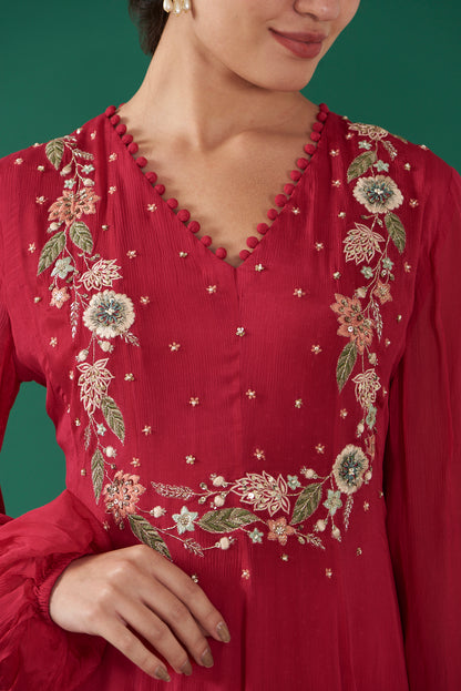 Cherry Red Chiffon Embroidered Flared Dress