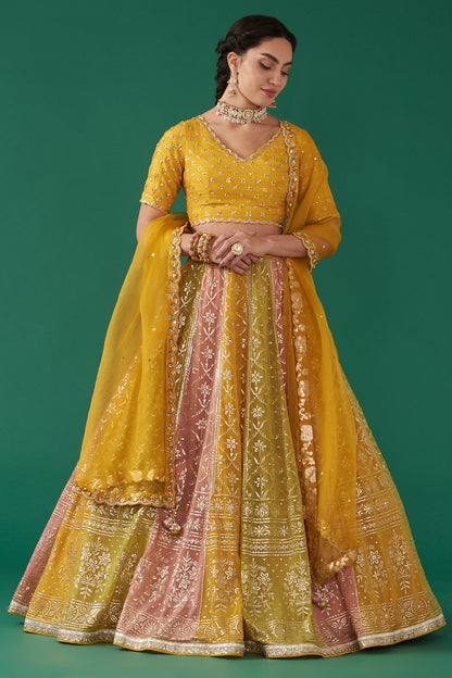 Mustard Multicolor Embroidered Flared Lehenga Set