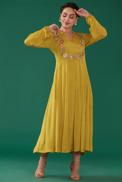 Moss Green Chiffon Embroidered Flared Dress