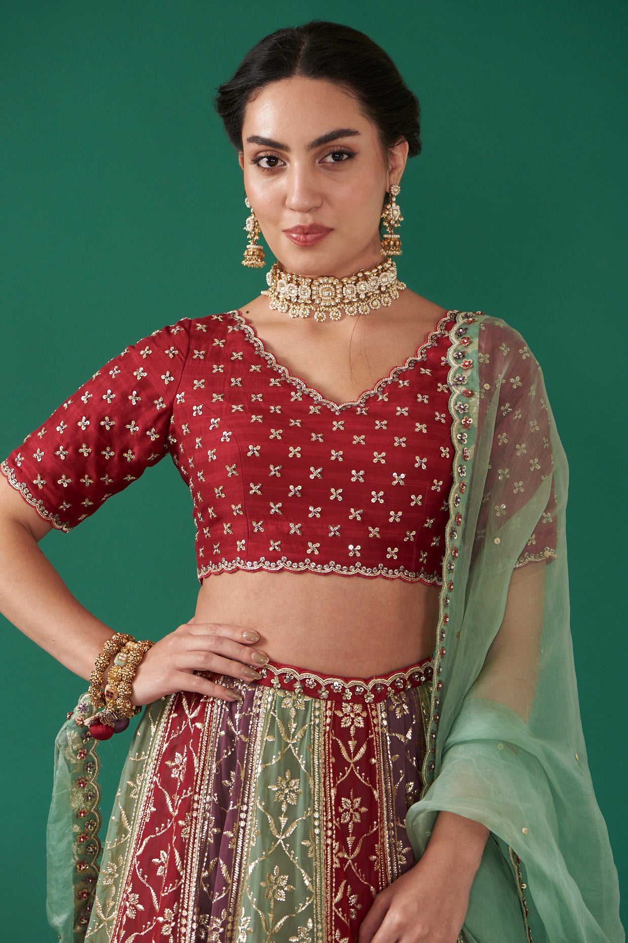 Cherry Multicolor Embroidered Flared Lehenga Set