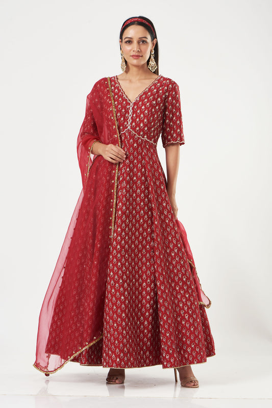 Cherry Red Silk Printed And Embroidered Anarkali Set