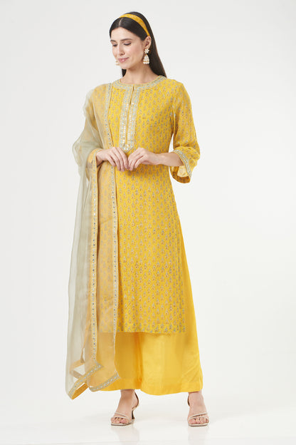 Mustard Georgette Floral Booti Straight Kurta Set