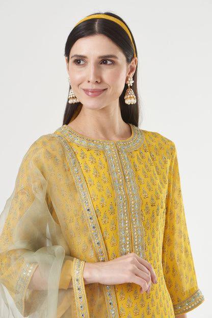 Mustard Georgette Floral Booti Straight Kurta Set