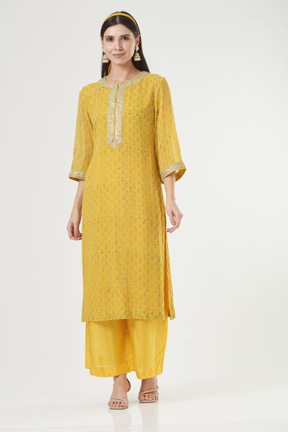 Mustard Georgette Floral Booti Straight Kurta Set