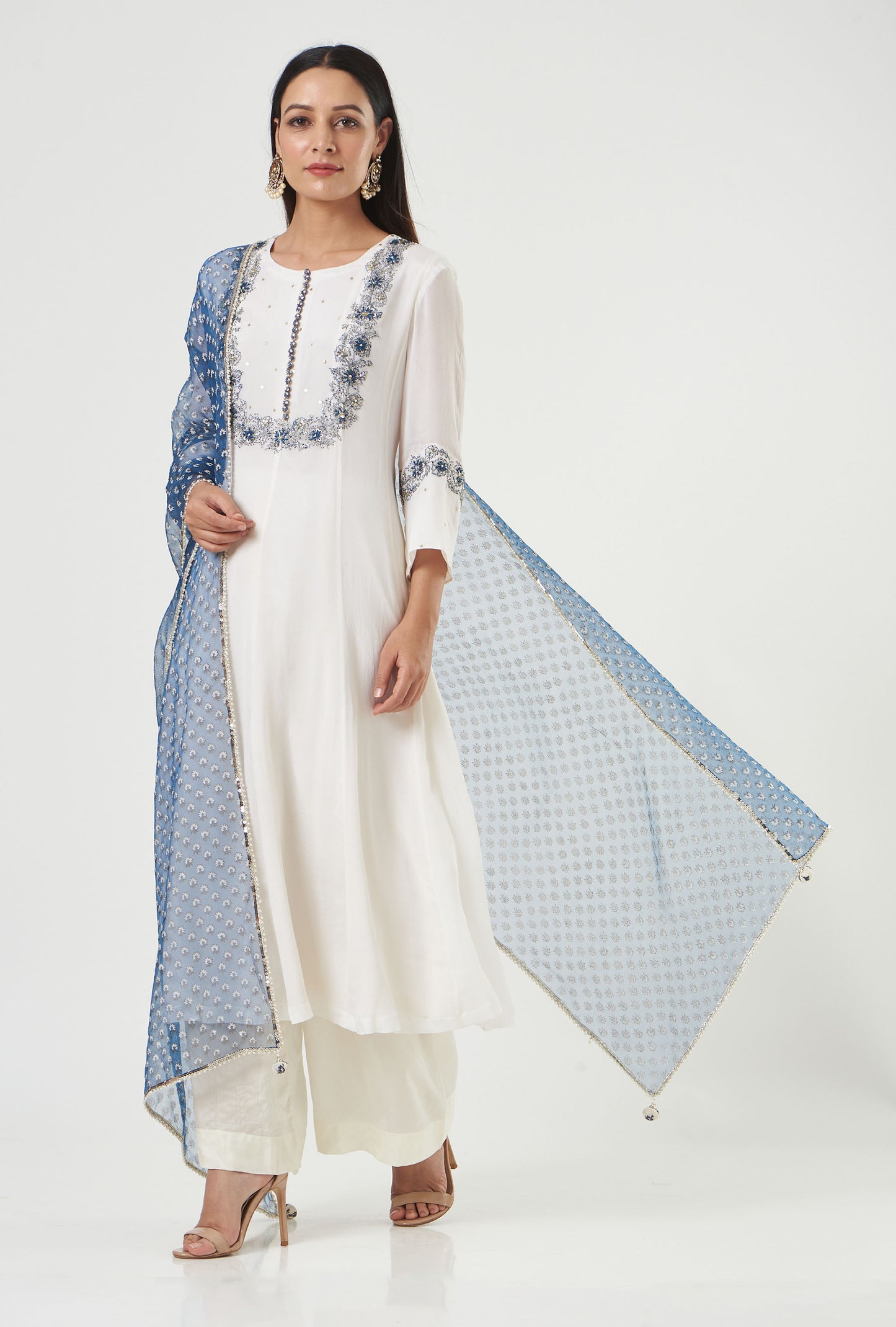 Ivory Chiffon Embroidered Flared Anarkali Set