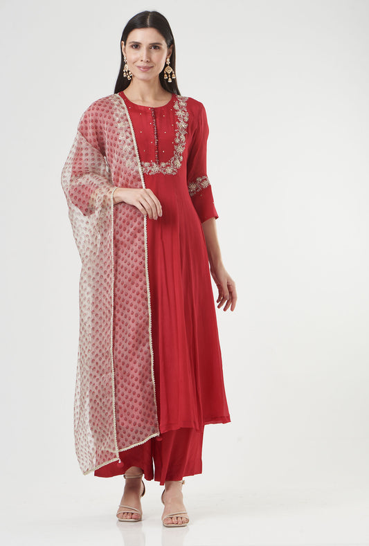 Cherry Red Chiffon Embroidered Flared Anarkali Set