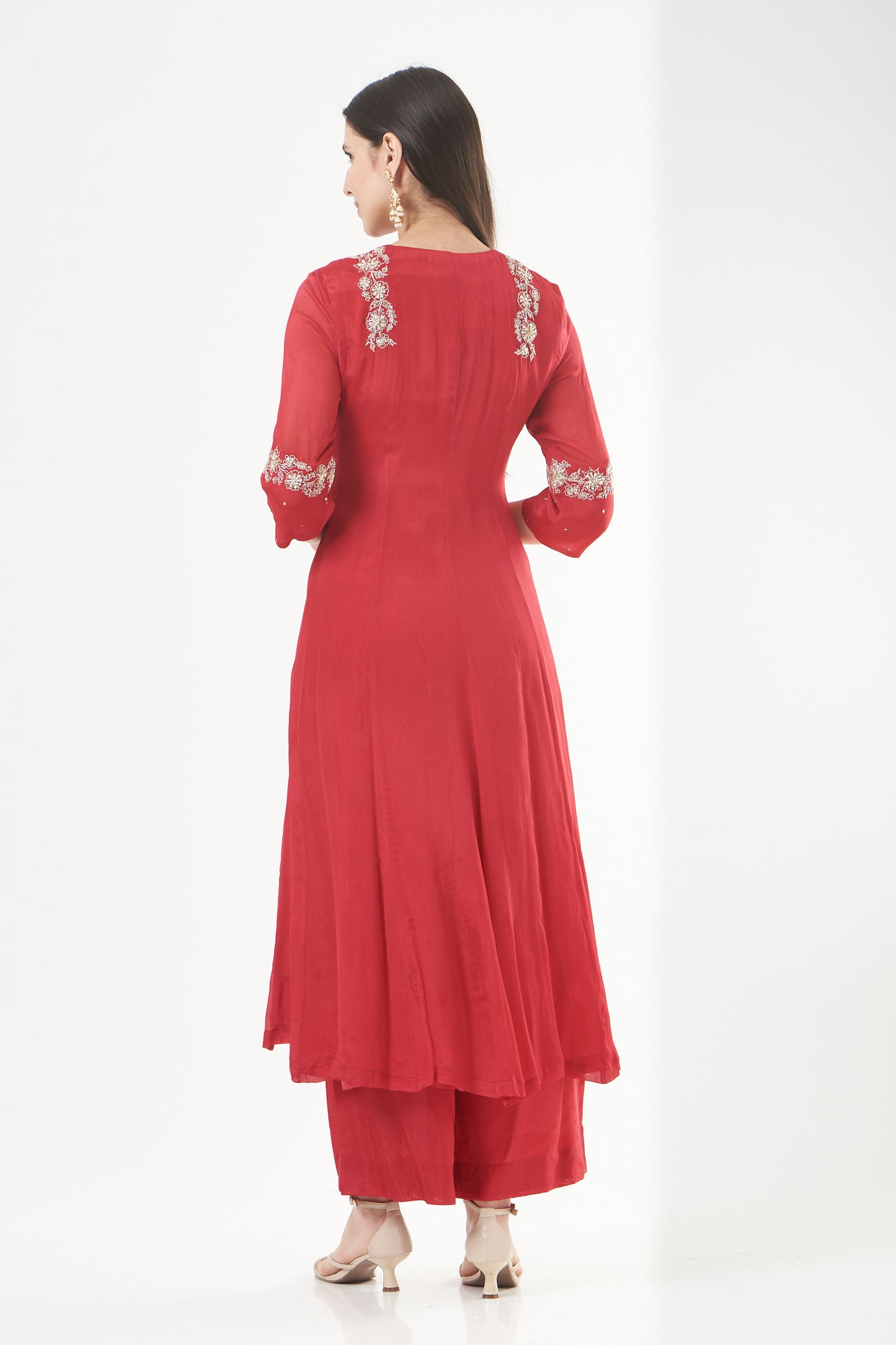 Cherry Red Chiffon Embroidered Flared Anarkali Set