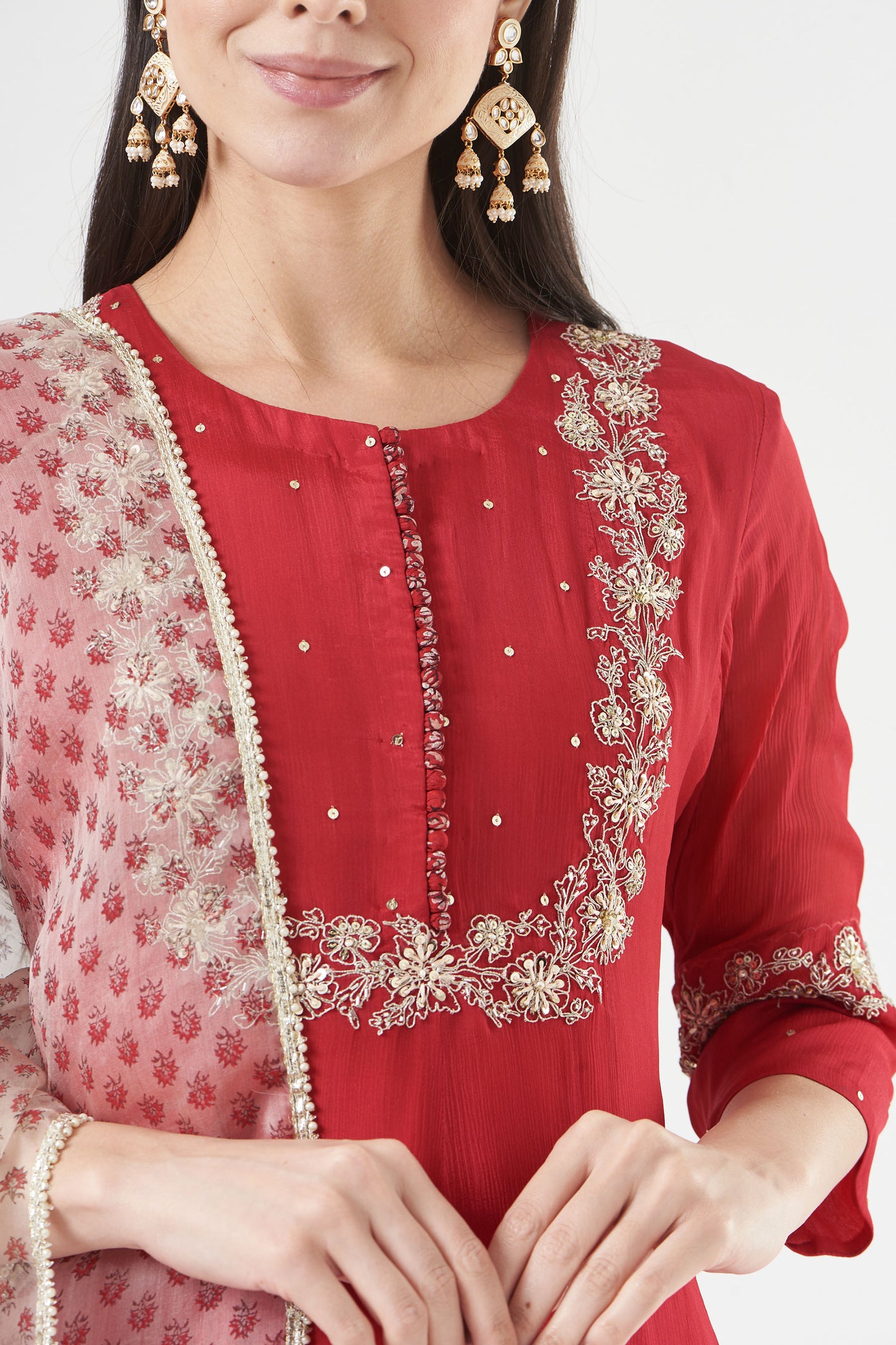 Cherry Red Chiffon Embroidered Flared Anarkali Set