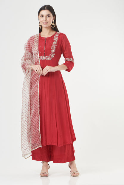 Cherry Red Chiffon Embroidered Flared Anarkali Set