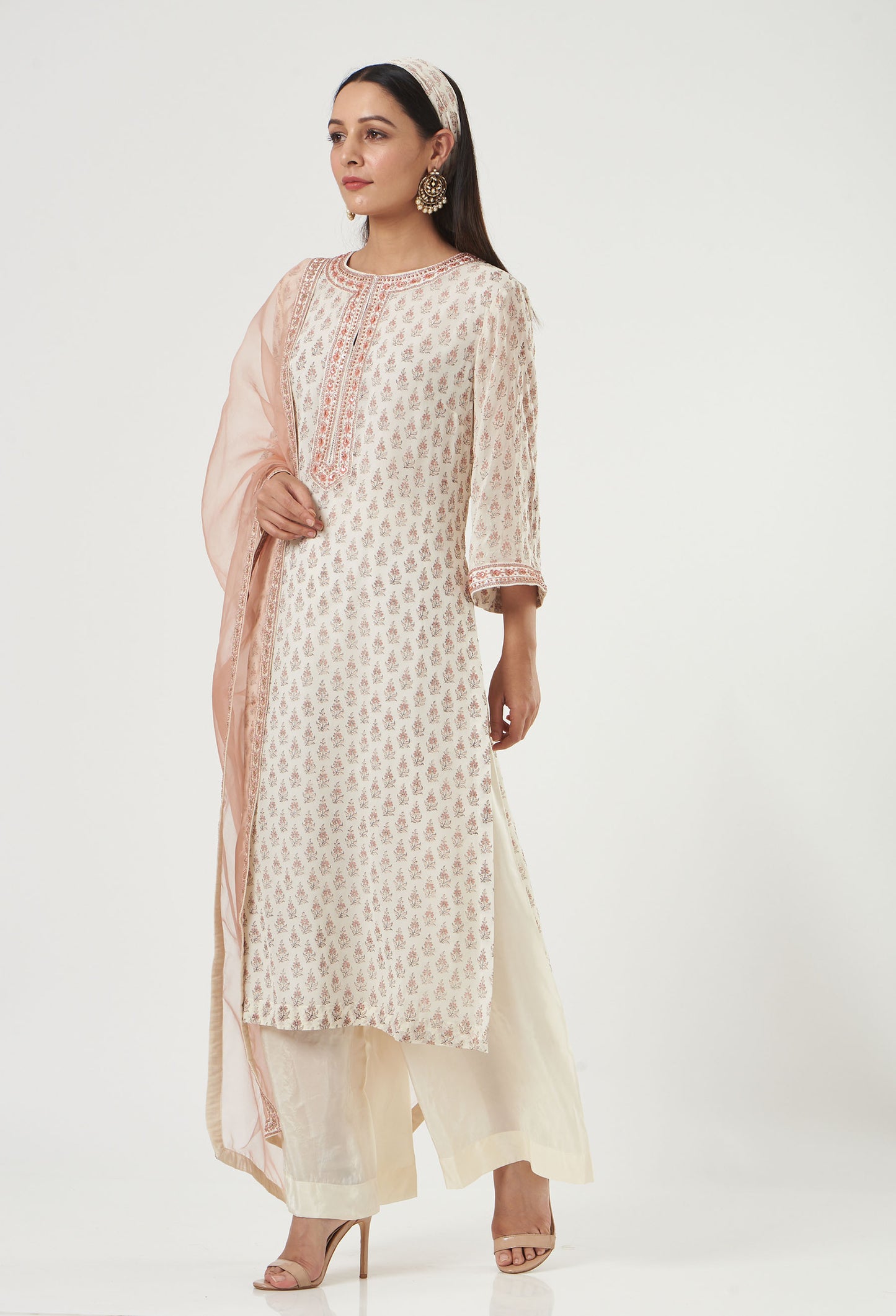 Ivory Georgette Floral Booti Straight Kurta Set