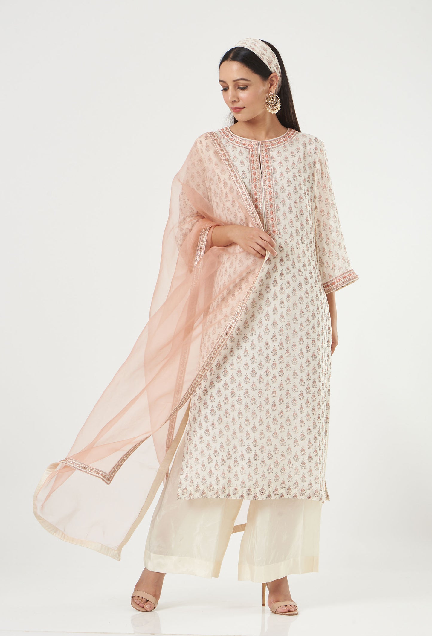 Ivory Georgette Floral Booti Straight Kurta Set