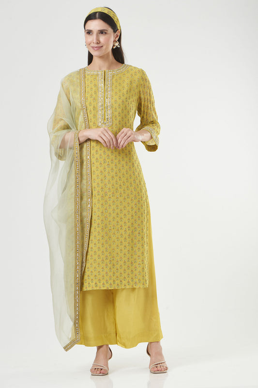 Moss Green Georgette Floral Booti Straight Kurta Set