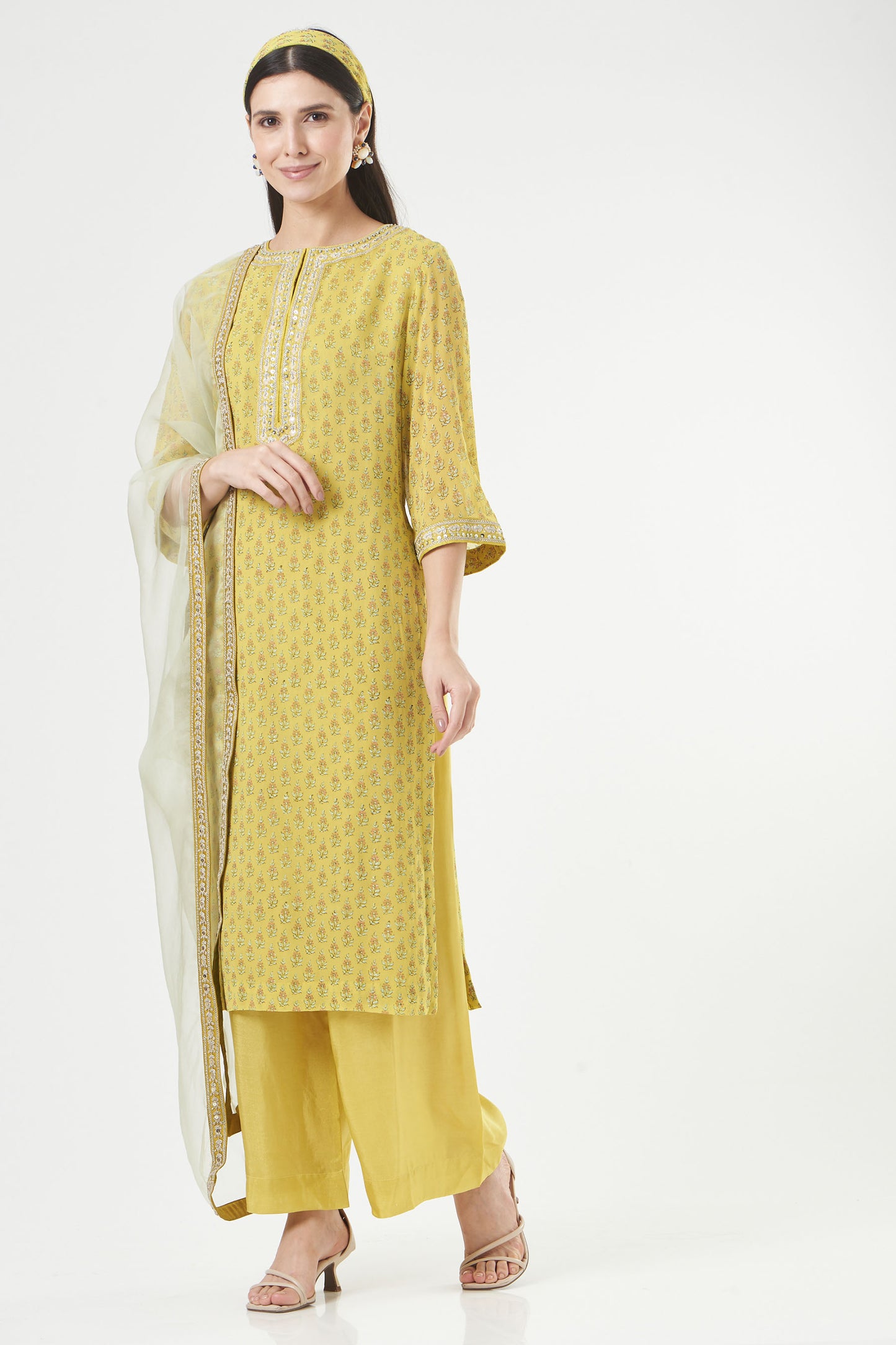 Moss Green Georgette Floral Booti Straight Kurta Set