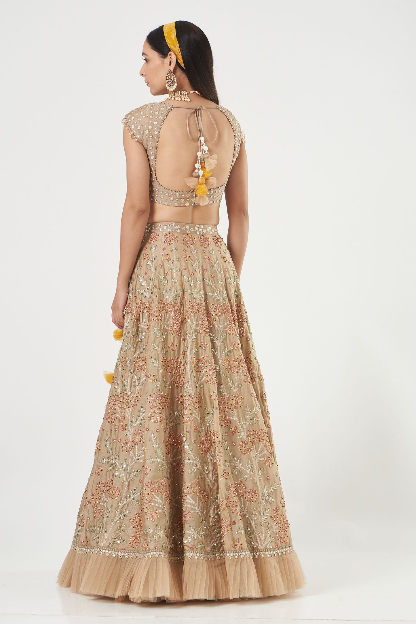 Warm Grey Embroidered Satin Organza Lehenga Set