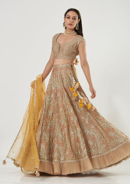 Warm Grey Embroidered Satin Organza Lehenga Set