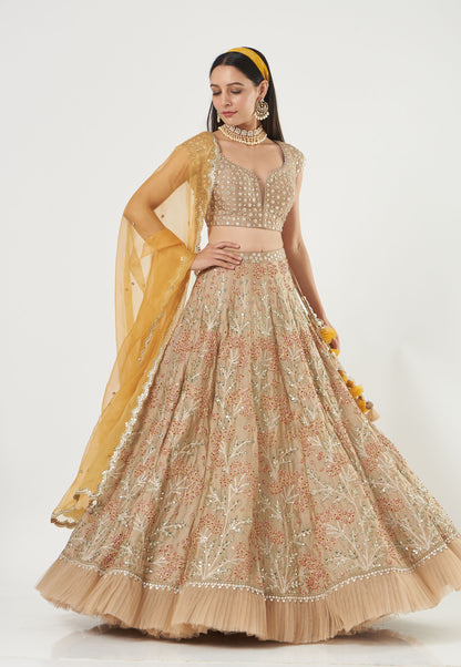 Warm Grey Embroidered Satin Organza Lehenga Set