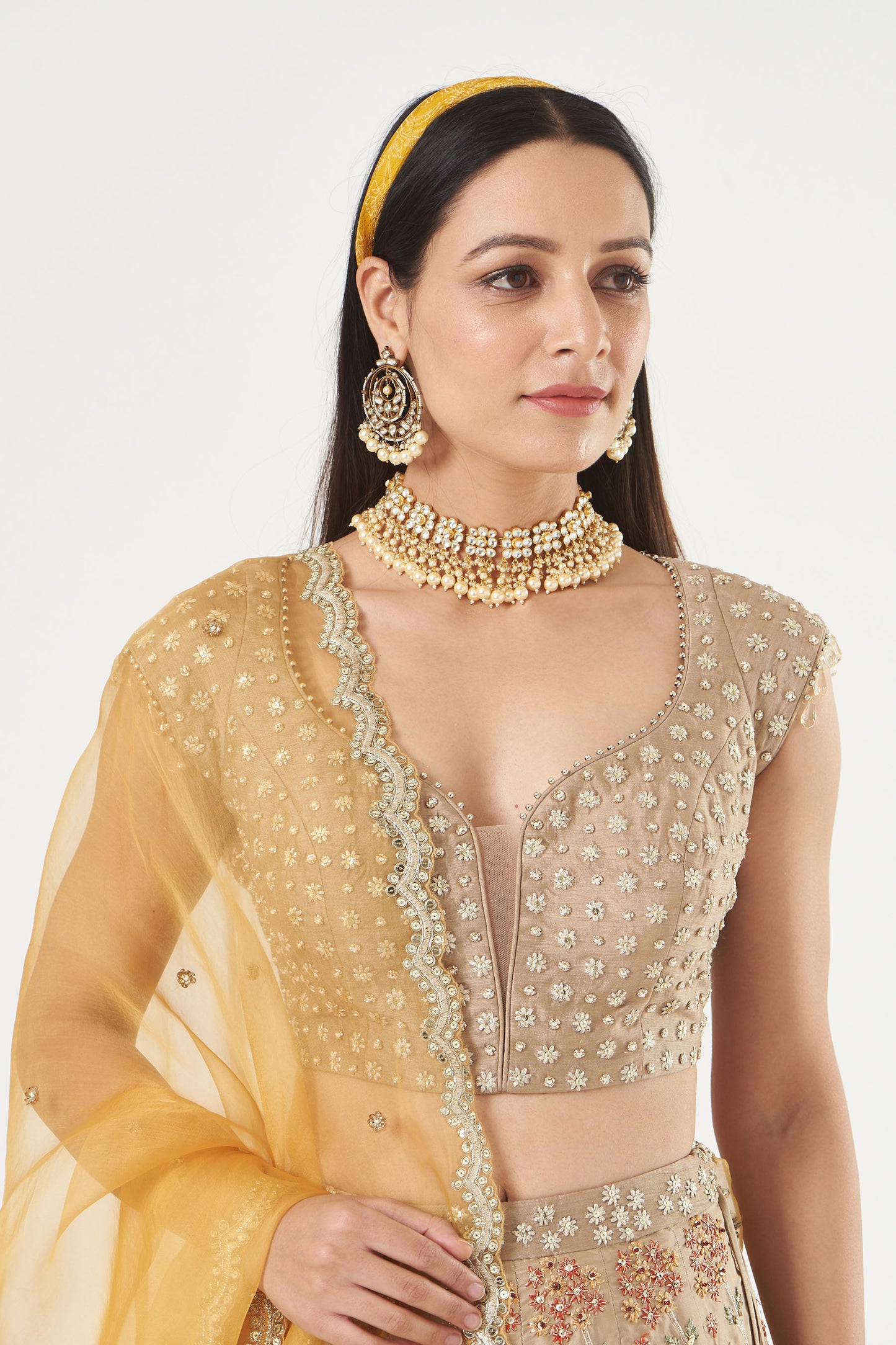 Warm Grey Embroidered Satin Organza Lehenga Set