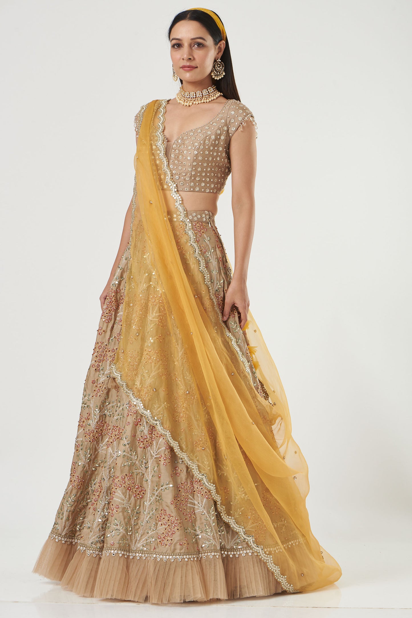 Warm Grey Embroidered Satin Organza Lehenga Set