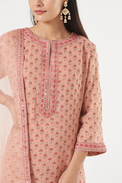 Blush Georgette Floral Booti Straight Kurta Set