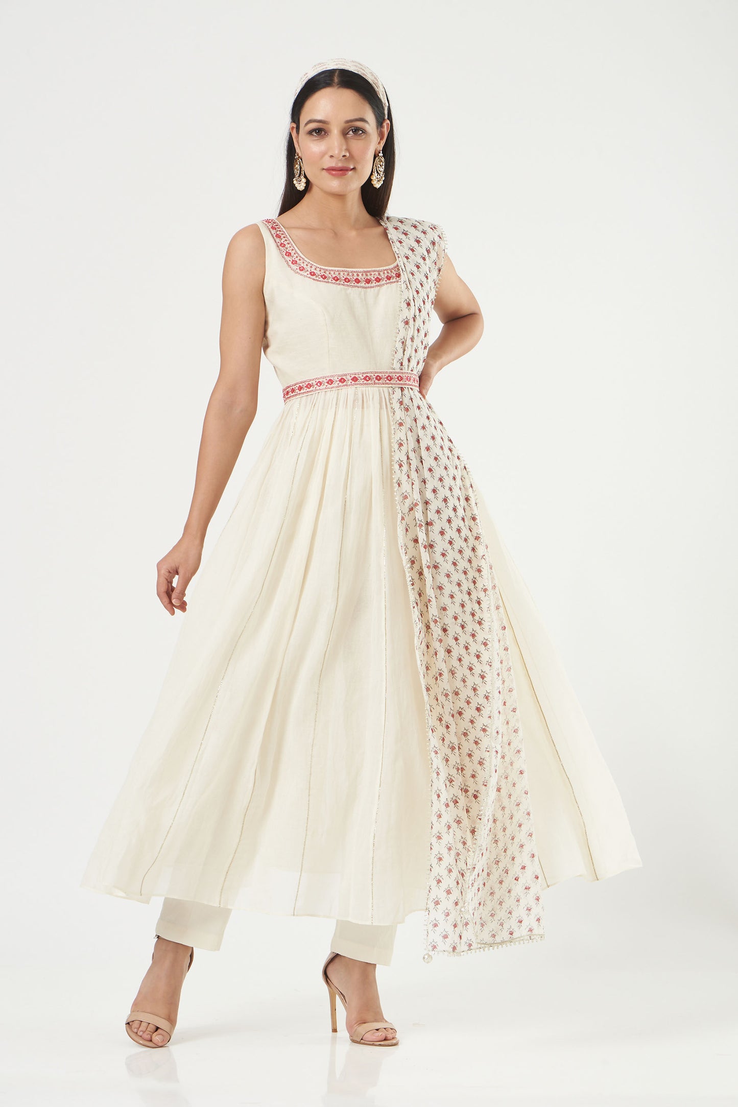 Ivory Cotton Mulmul Flared Anarkali Set