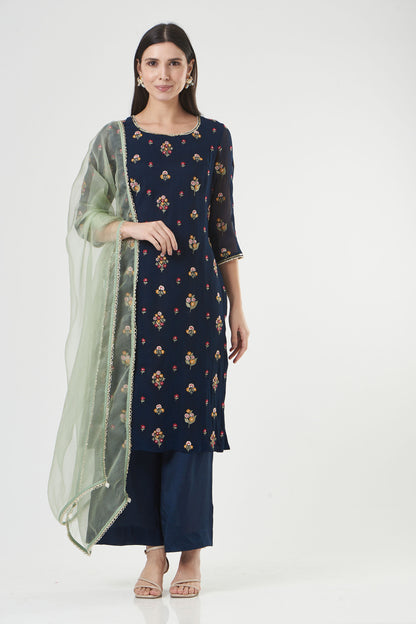 Indigo Georgette Floral Embroidered Straight Kurta Set