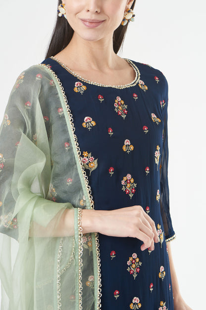 Indigo Georgette Floral Embroidered Straight Kurta Set