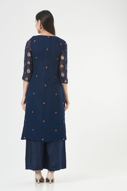 Indigo Georgette Floral Embroidered Straight Kurta Set