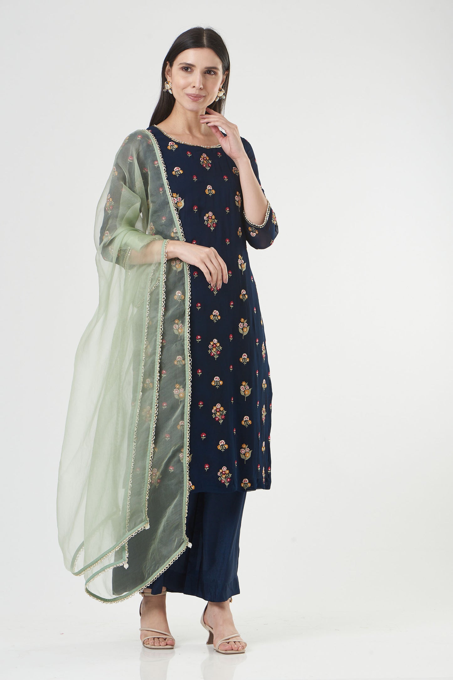 Indigo Georgette Floral Embroidered Straight Kurta Set