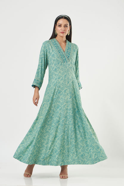 Aqua Printed And Embroidered Flared Tunic Set