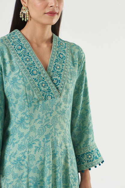 Aqua Printed And Embroidered Flared Tunic Set