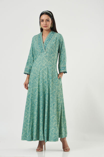 Aqua Printed And Embroidered Flared Tunic Set