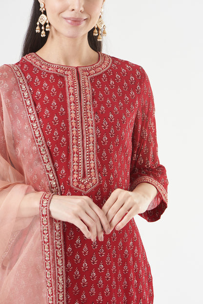 Cherry Red Georgette Floral Booti Straight Kurta Set