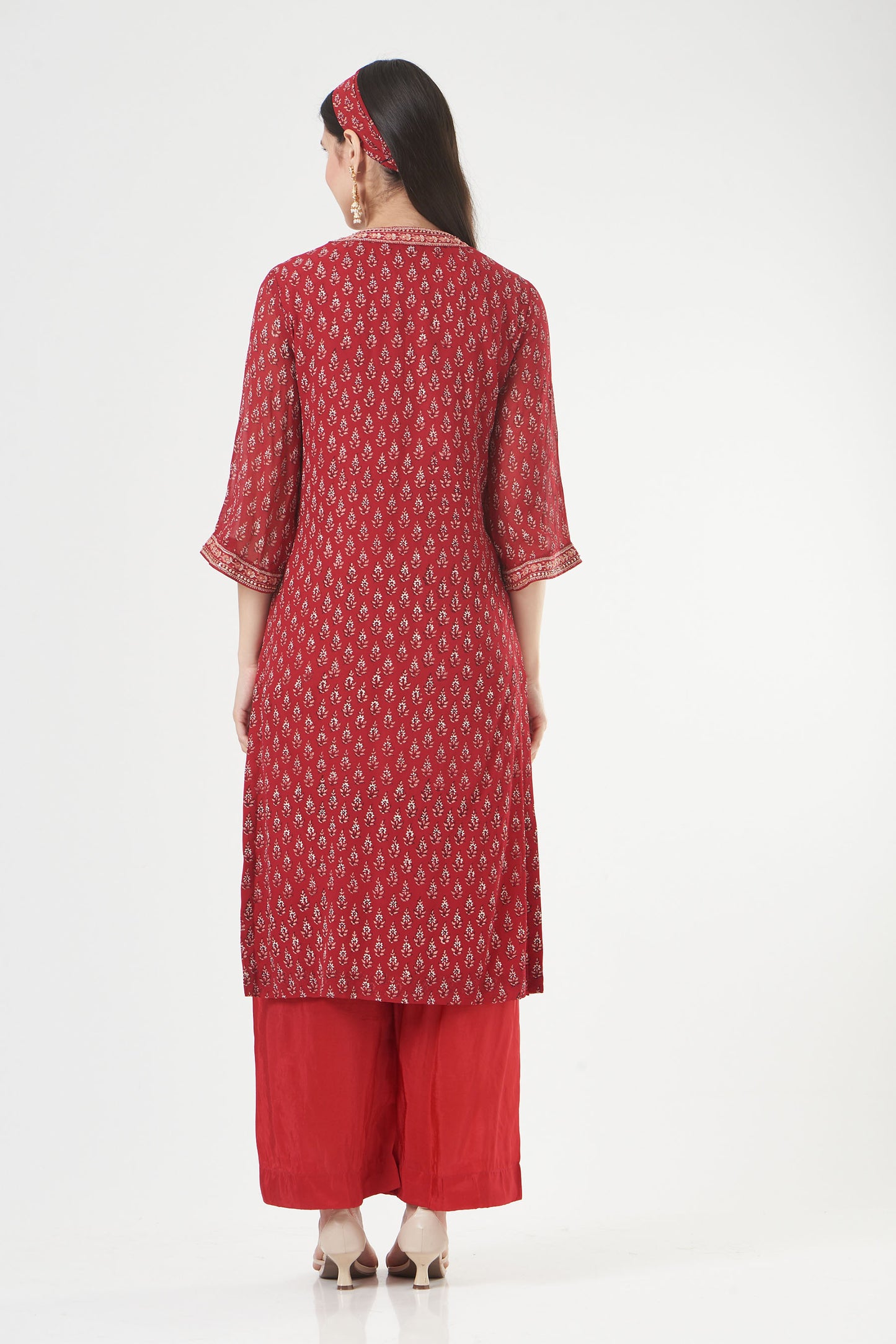 Cherry Red Georgette Floral Booti Straight Kurta Set