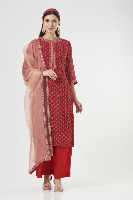 Cherry Red Georgette Floral Booti Straight Kurta Set